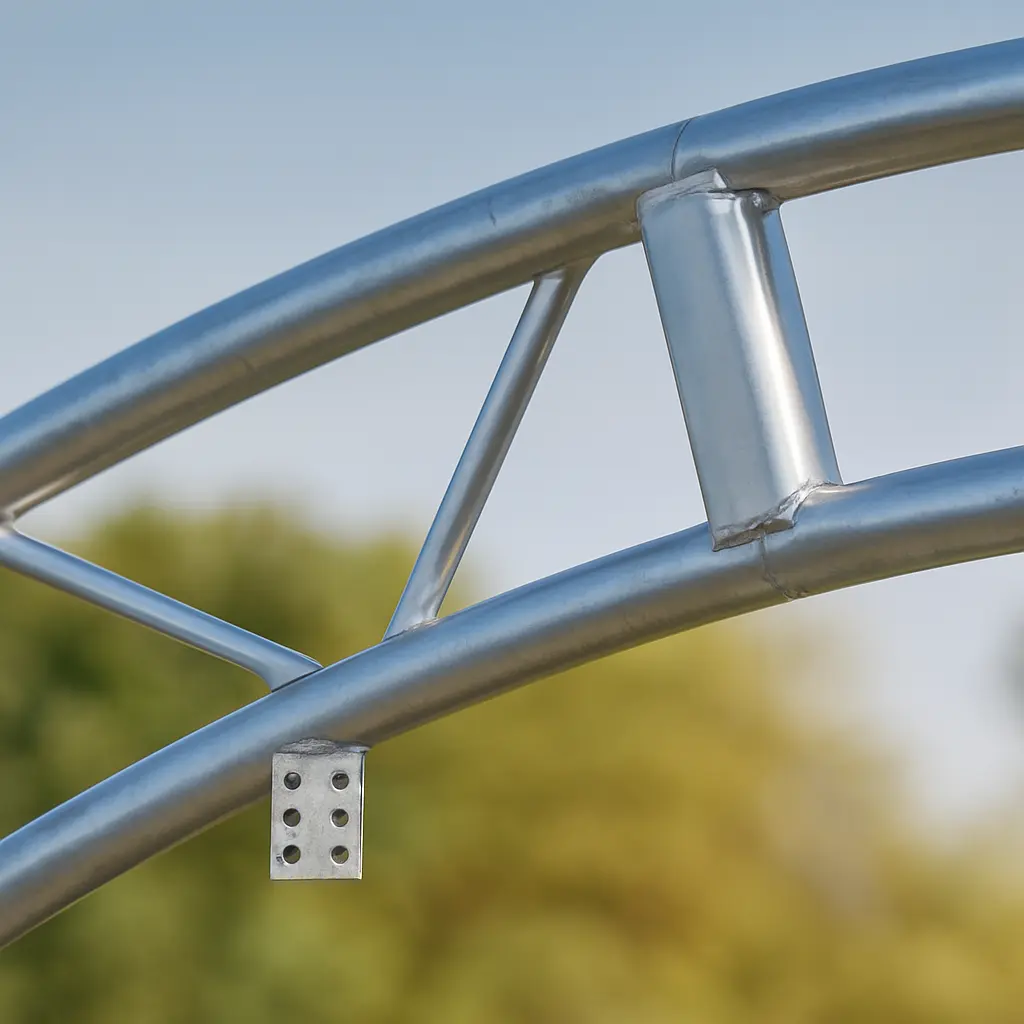 Verzinkte Stahlkonstruktion einer Rundbogenhalle im Detail