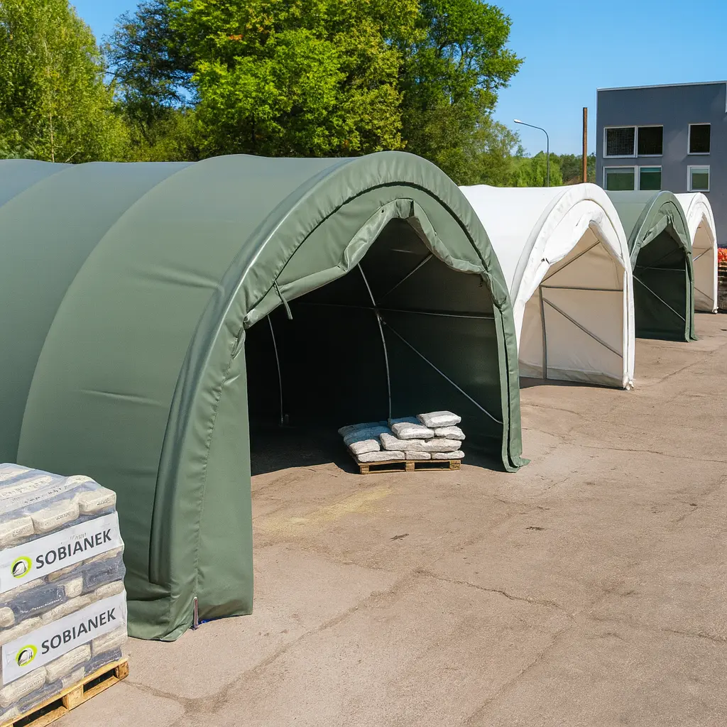 Rundbogenhalle mit grüner Plane als Lagerhalle für Landwirtschaft und Betrieb