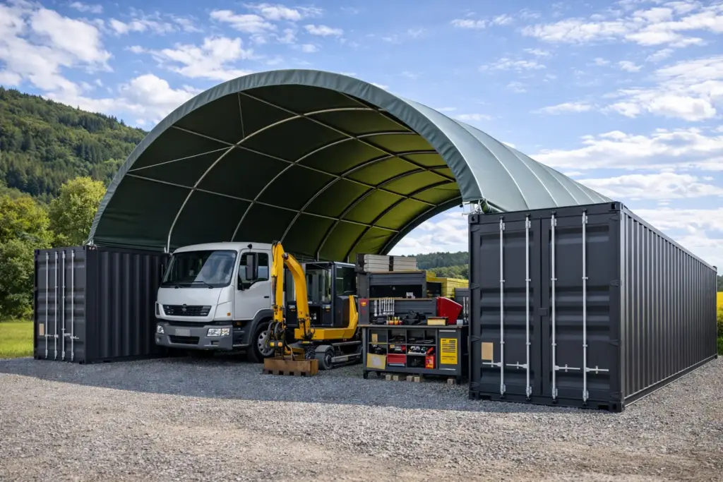 Containerüberdachung als Maschinenhalle – Fahrzeug im geschützten Unterstand