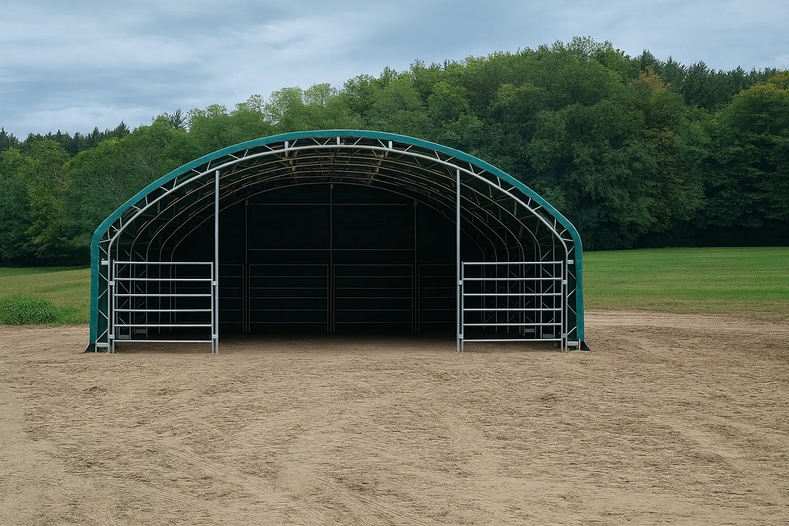Zwei Pferde stehen entspannt im Weidezelt mit breiter Front