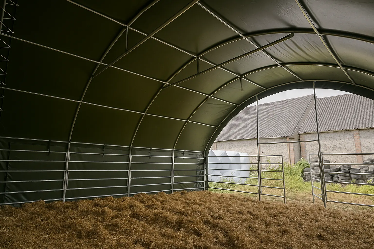 Weidezelt als Unterstand mit Frontgitter – großzügiger Innenraum für Tiere