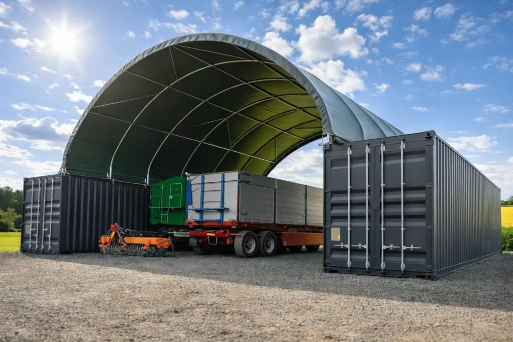 Containerüberdachung Praxis – überdachte Lagerfläche mit Containerzugang